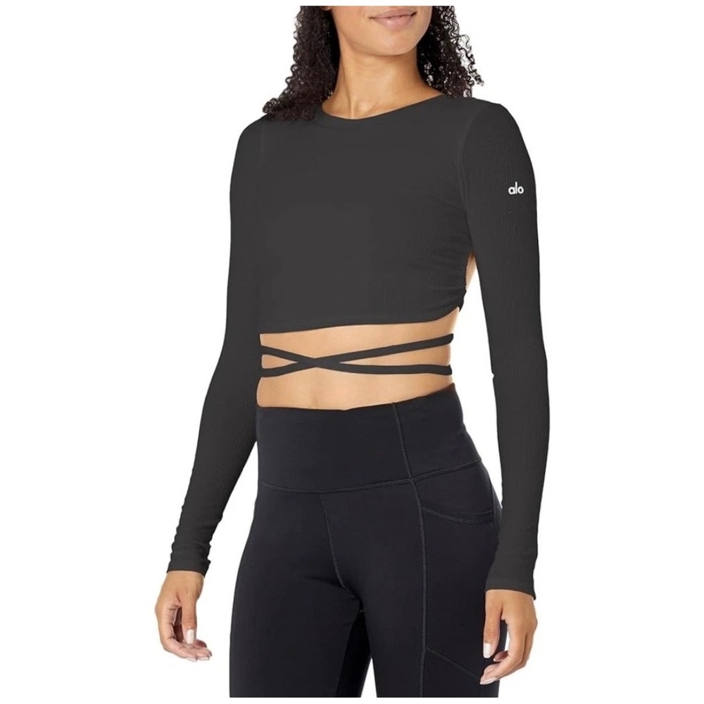 Alo Yoga Manifest Black Ribbed Open Back Tie Waist Long Sleeve Crop Top Women S